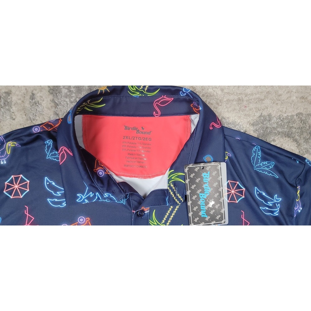 NWT Birdie Bound Performance Golf Polo Shirt Mens Blue Neon Tropical Florida 2XL - Picture 2 of 5